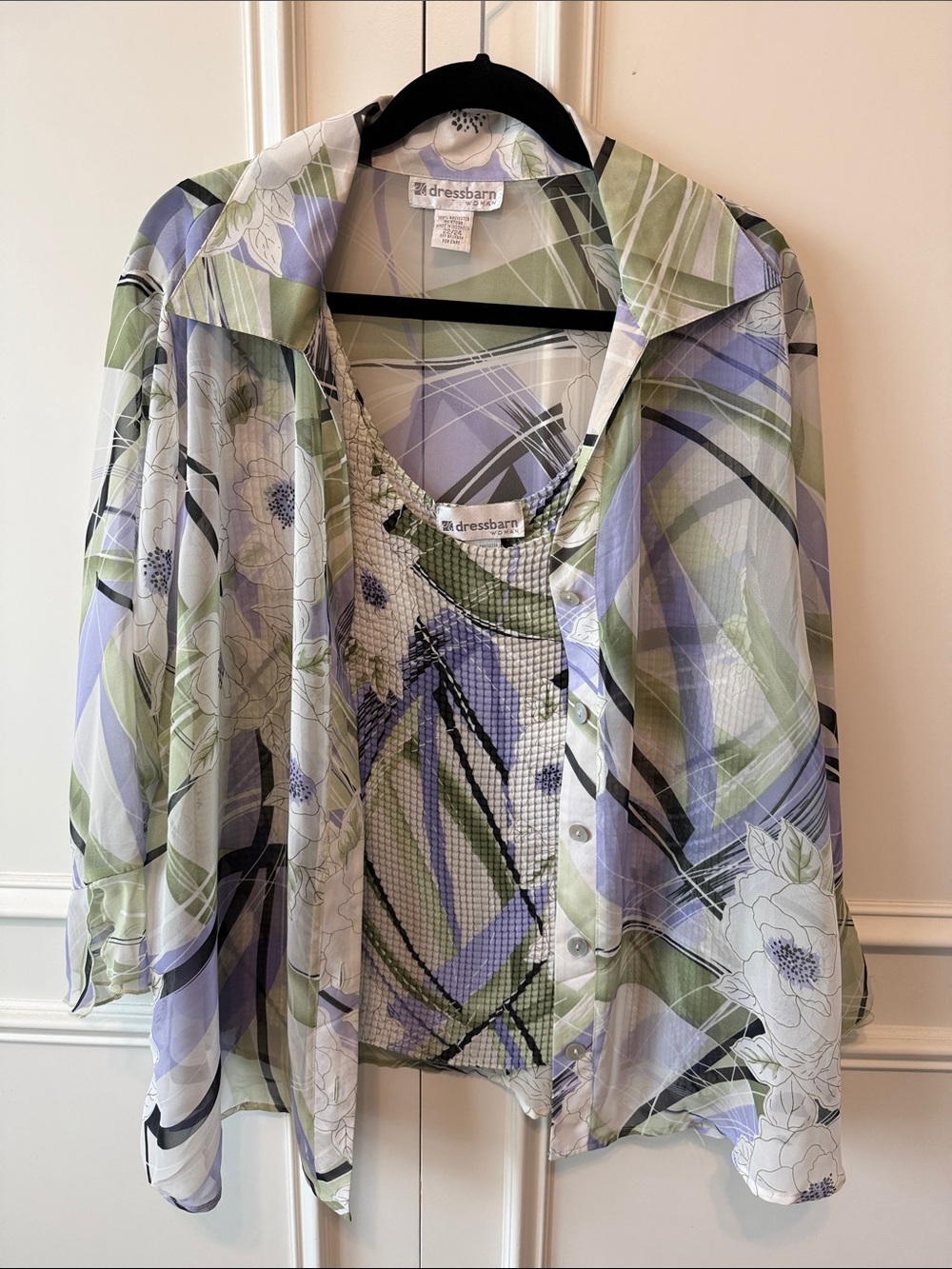 dressbarn Sheer Floral Geometric Button-Front Blouse in Light Green & Lavender